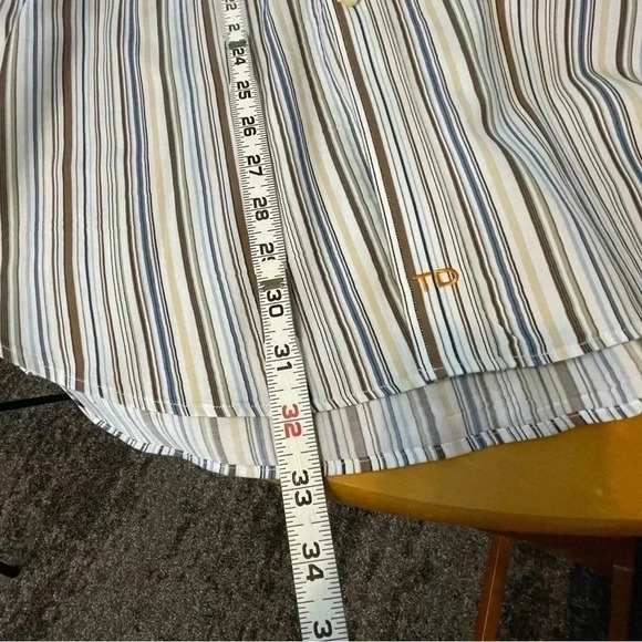 Thomas Dean Mens Dress Shirt Lg Blue Brown White Striped Button Up Long Sleeved - Picture 8 of 8